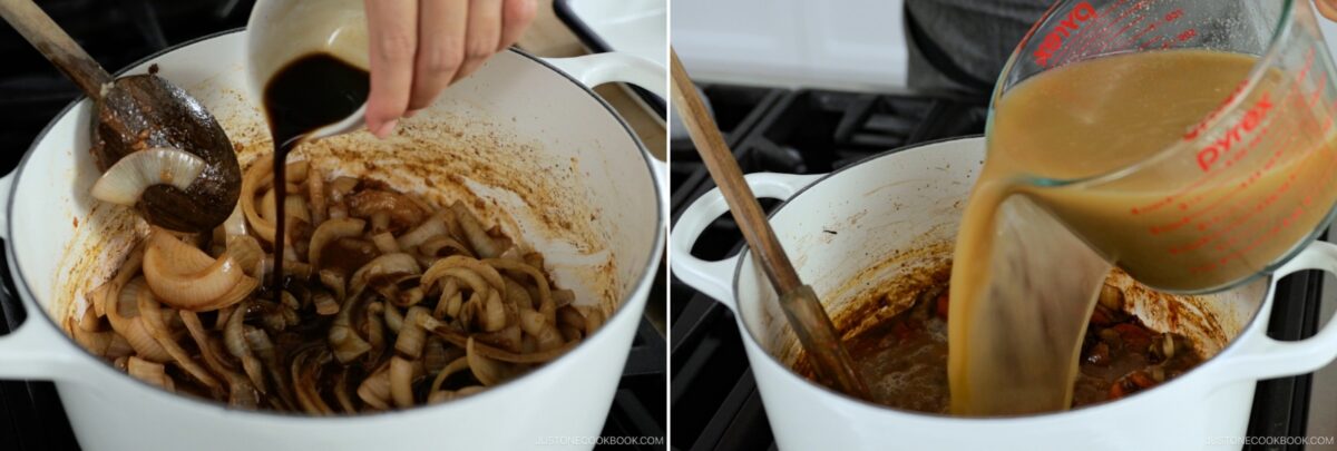 A split image: on the left, a hand pours dark liquid—a key step in a demi-glace recipe—over sliced onions; on the right, broth from a measuring cup is added to the same pot on a stove.