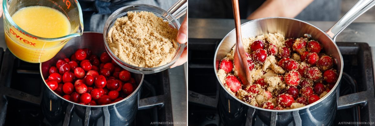Two side-by-side images show cranberries in a saucepan. On the left, orange juice and brown sugar are being added. On the right, a hand stirs the cranberries, sugar, and juice mixture on a stove.