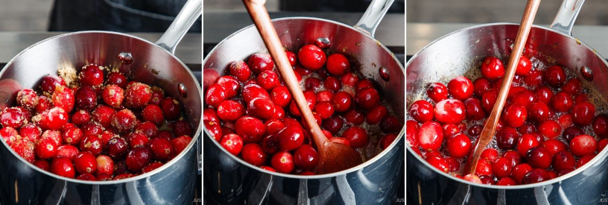 Three-panel image showing fresh cranberries being cooked in a saucepan. In each step, a wooden spoon stirs the cranberries as they cook down and combine with sugar on a stovetop.