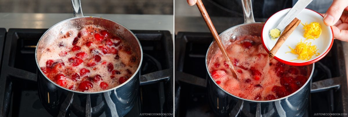 A pot of cranberries boiling on a stove; in the second image, a hand adds cinnamon, grated ginger, and orange zest to the simmering cranberries.