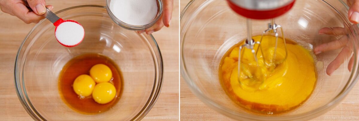 Two images side by side: one shows egg yolks, vanilla, and sugar being added to a glass bowl; the other shows the mixture being blended with a hand mixer for matcha tiramisu.