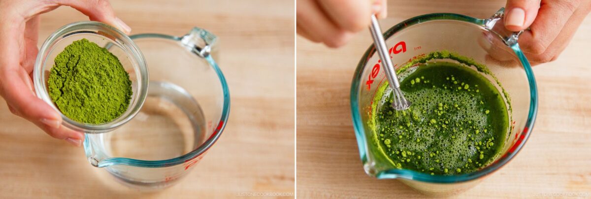 Two-panel image: On the left, a hand holds a small bowl of green matcha powder above a measuring cup of water. On the right, the matcha mixture is being whisked in the measuring cup for matcha tiramisu.