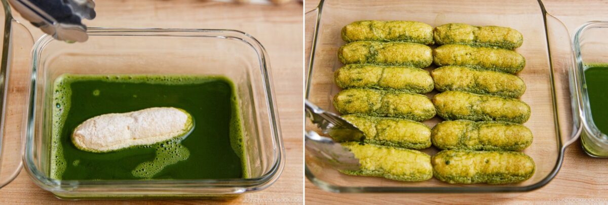A ladyfinger biscuit is dipped in green matcha mixture with tongs (left). On the right, several ladyfingers soaked in matcha are arranged in a glass dish in neat rows for matcha tiramisu.