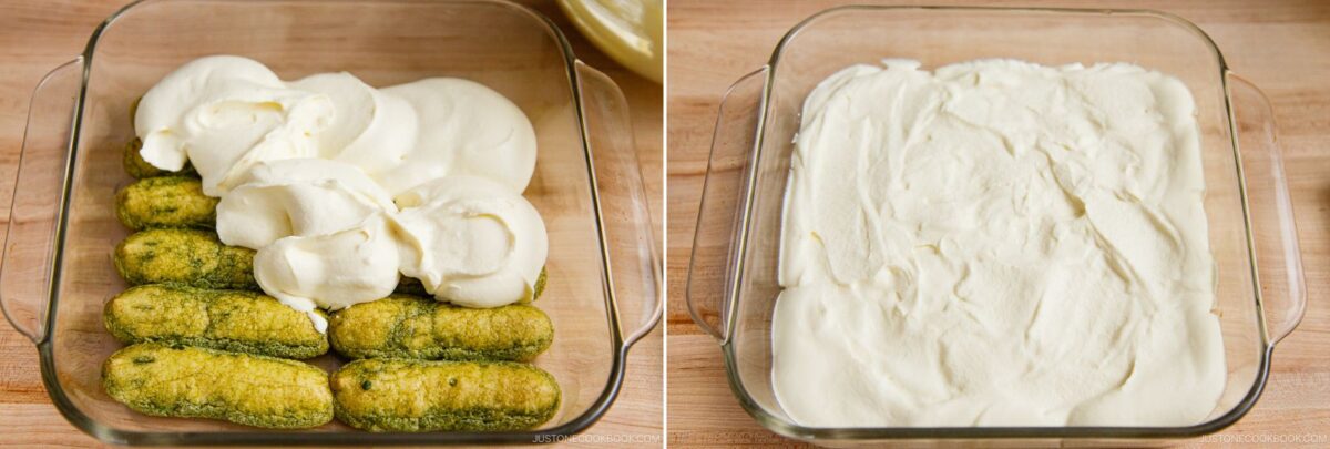 Two side-by-side images: on the left, ladyfingers are topped with dollops of creamy mascarpone mixture in a glass dish; on the right, the mixture is evenly spread over the ladyfingers for matcha tiramisu.