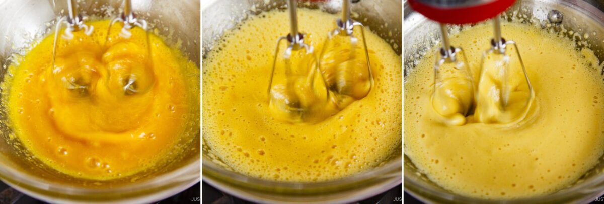 Three side-by-side images show an electric mixer beating egg yolks in a metal bowl. The mixture progressively turns from dark yellow and liquid to lighter and thicker as it is whisked for matcha tiramisu.