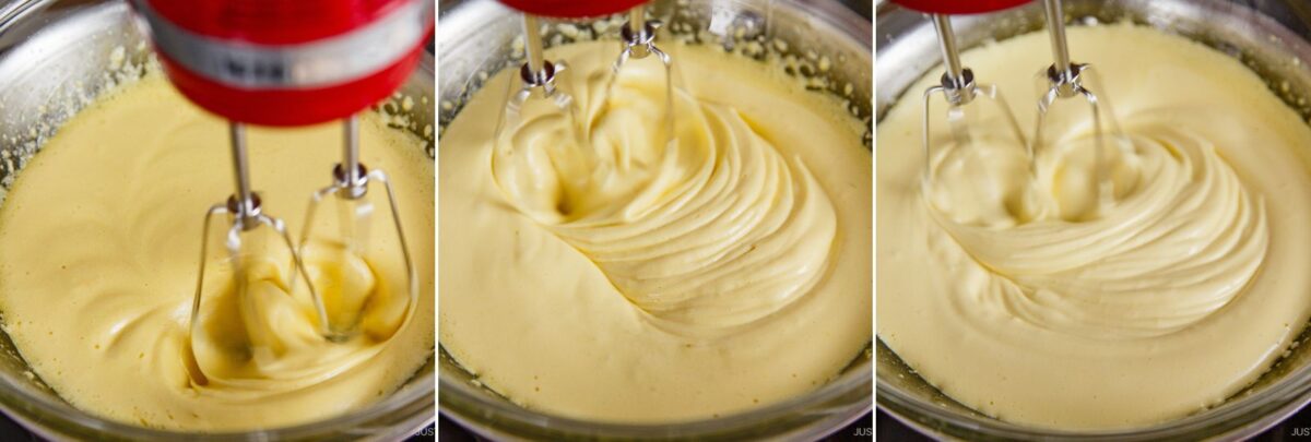 Three side-by-side images showing a red electric mixer whipping a creamy yellow batter for matcha tiramisu in a glass bowl, with the texture becoming smoother and thicker from left to right.