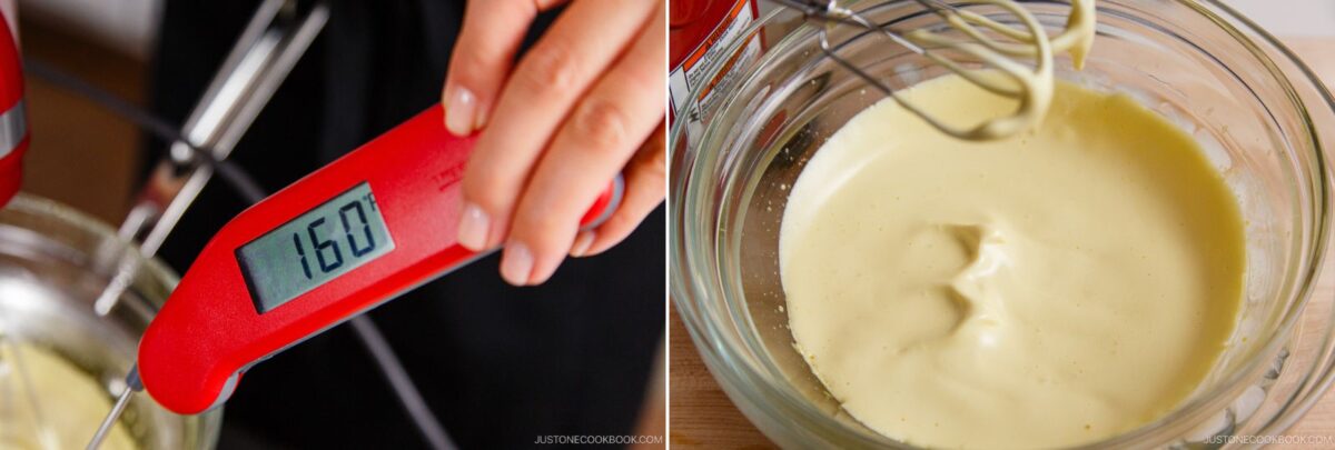 Close-up of a digital thermometer reading 160°F held above a mixing bowl, next to a bowl of smooth, pale yellow cream with a whisk above it for matcha tiramisu.