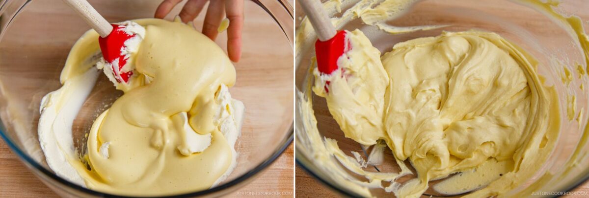 Two side-by-side images show a thick yellow batter being folded together in a glass bowl with a red spatula on a wooden surface. The left image shows the process starting, and the right shows the batter partially mixed for matcha tiramisu.