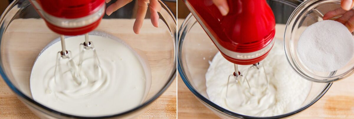 A hand uses a red electric mixer to whip cream in a glass bowl for matcha tiramisu. In a second image, sugar is being poured from a small bowl into the whipped cream while mixing continues.