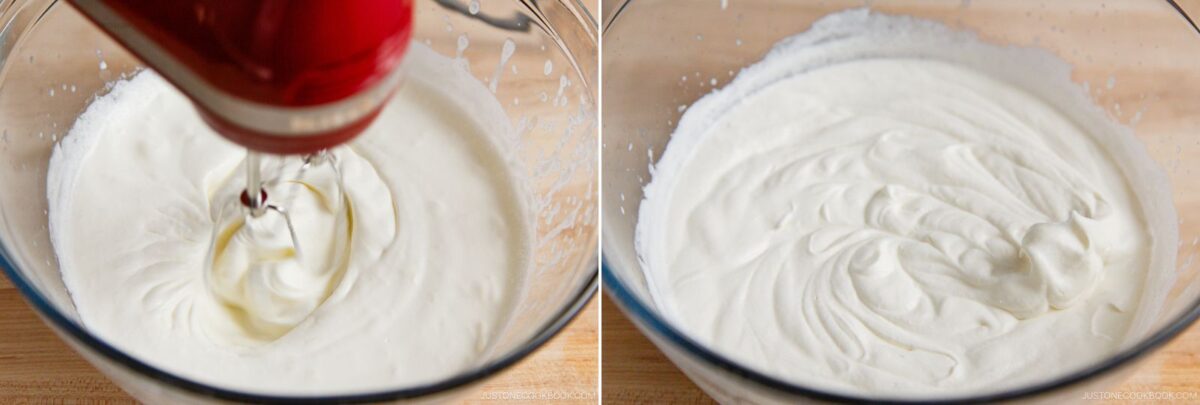 Side-by-side images: on the left, a hand mixer whipping cream in a glass bowl; on the right, the finished bowl of fluffy, whipped cream with soft peaks, seen from above, for matcha tiramisu.