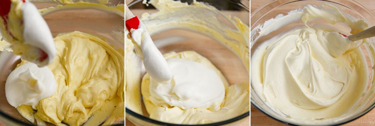 Three photos show the process of folding fluffy egg whites into a yellow batter in a glass bowl, gradually blending until the mixture is light, creamy, and smooth for matcha tiramisu.