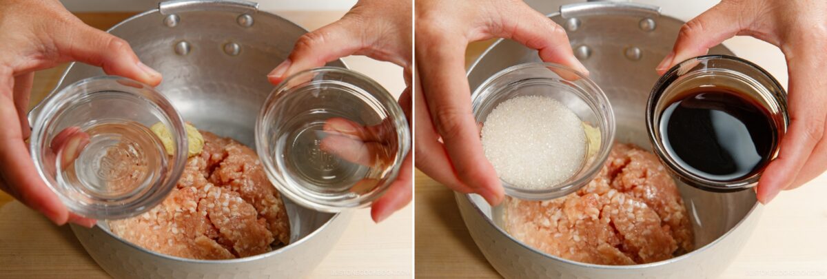 A side-by-side image shows a person preparing soboro don (ground chicken bowl): on the left, water and a clear liquid are added to ground meat; on the right, sugar and a dark sauce are mixed in.