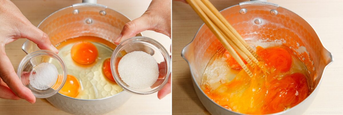 A person adds sugar and salt to cracked eggs in a metal bowl, then uses chopsticks to whisk the mixture for soboro don (ground chicken bowl).