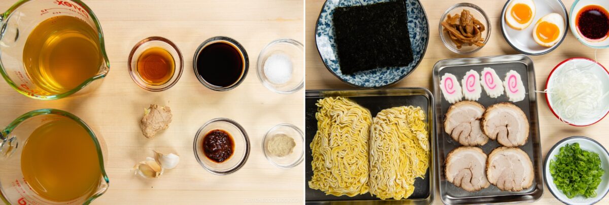 Top-down view of spicy shoyu ramen ingredients on a wooden surface, featuring broth, sauces, spices, noodles, sliced pork, seaweed, boiled eggs, narutomaki, green onions, onions, and bamboo shoots neatly arranged in bowls and trays.