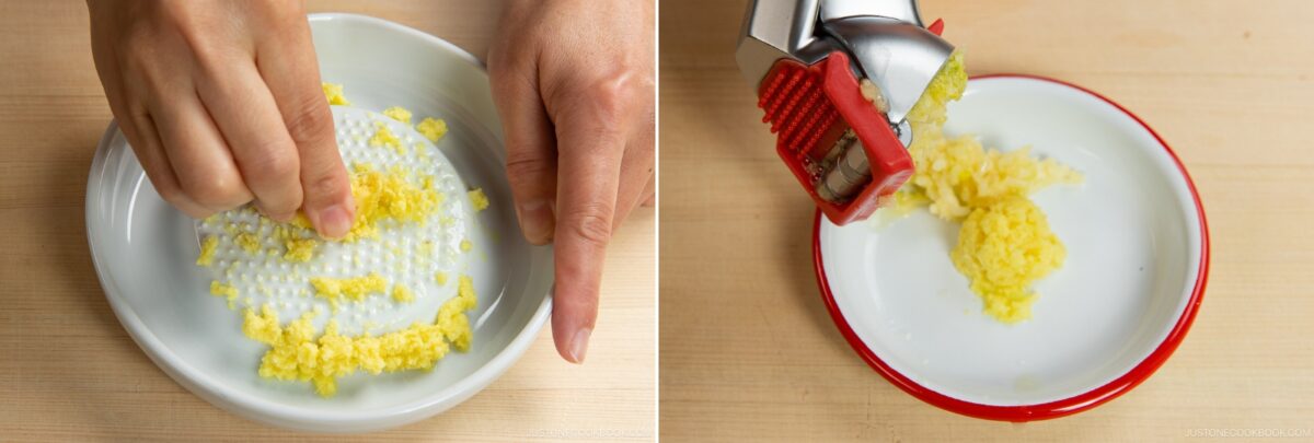 Side-by-side images show hands grating ginger on a ceramic grater (left) and a garlic press squeezing minced ginger onto a plate (right)&mdash;perfect prep for spicy shoyu ramen. Both plates rest on a light wooden surface.