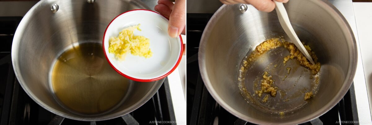 Two side-by-side images: on the left, a hand adds minced garlic from a small dish into a pot with oil for spicy shoyu ramen; on the right, the garlic is being stirred and saut&eacute;ed in the pot with a wooden spoon.