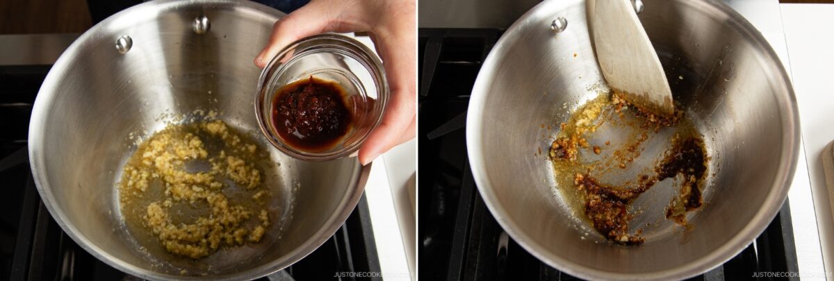 Two side-by-side images: On the left, a hand adds a dark sauce for spicy shoyu ramen to a pan with saut&eacute;ed garlic. On the right, the sauce and garlic are being mixed together in the pan with a spatula.