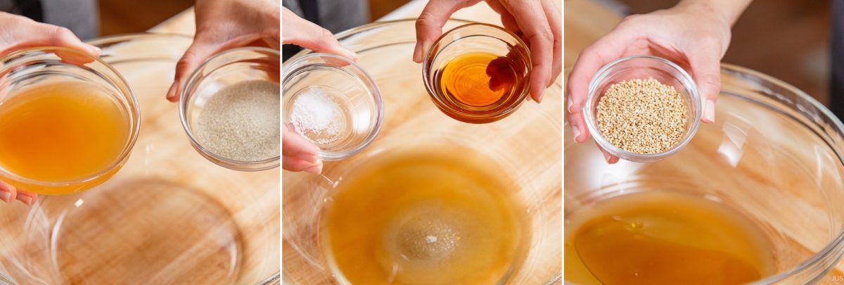 Three-panel image: hands hold small bowls adding sugar and salt, then vinegar, then sesame seeds into a large bowl containing a golden liquid on a wooden surface—capturing the fresh preparation of Asian Coleslaw with Sesame Dressing.
