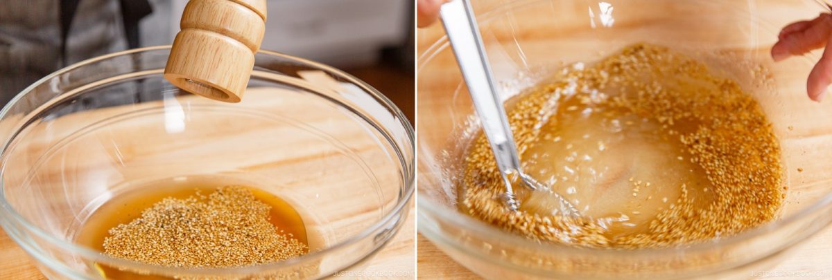 Two photos: one shows ground pepper being added to a bowl of liquid and mustard seeds for an Asian Coleslaw with Sesame Dressing; the other shows the mixture being stirred with a metal whisk.