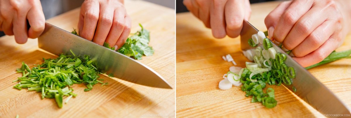 Two close-up views of hands chopping green onions on a wooden cutting board with a large kitchen knife, preparing fresh ingredients for an Asian Coleslaw with Sesame Dressing.