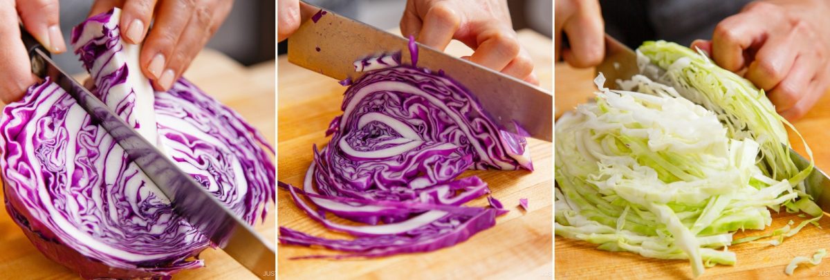 Close-up of hands slicing red cabbage and green cabbage on a wooden cutting board, showing detailed patterns and textures of the cabbage layers in three steps, perfect for preparing Asian Coleslaw with Sesame Dressing.