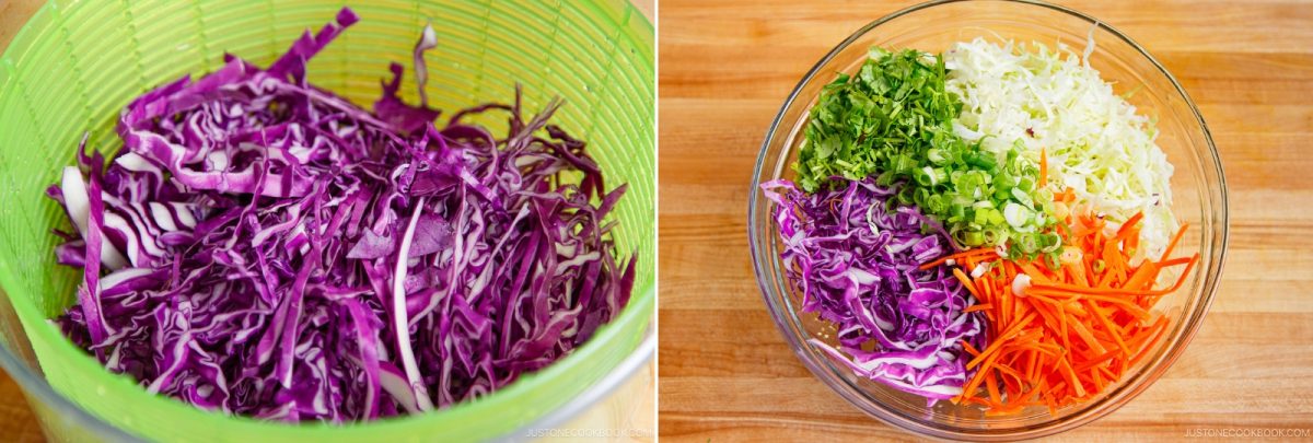 Left: Shredded purple cabbage in a green bowl. Right: A glass bowl with shredded purple cabbage, green onions, cilantro, white cabbage, and carrots on a wooden surface—ingredients perfect for Asian Coleslaw with Sesame Dressing.