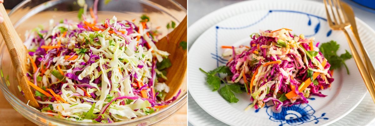 A bowl and a plate of colorful Asian Coleslaw with Sesame Dressing made with shredded cabbage, carrots, and herbs, garnished with cilantro, served with wooden utensils and a gold fork.