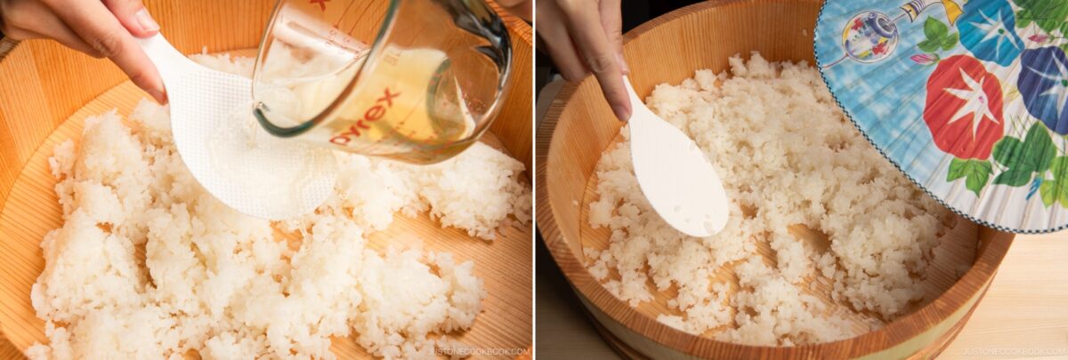 Two images side by side: on the left, someone pours liquid onto cooked rice in a wooden bowl; on the right, someone fans the rice with a decorative paper fan while mixing it with a rice paddle to prepare perfect inari sushi filling.