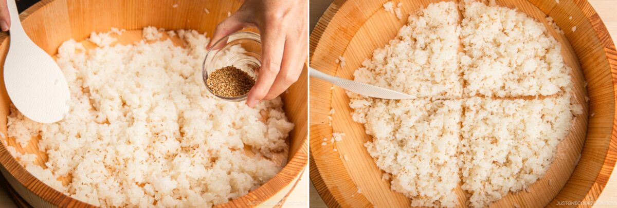 A hand sprinkles sesame seeds over a bowl of rice with a rice paddle on the left; on the right, the rice&mdash;ideal for inari sushi&mdash;is divided into four sections with a rice paddle.