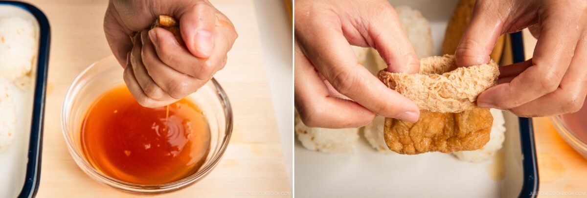 Two side-by-side images: On the left, hands squeeze liquid from a pouch over a bowl. On the right, hands gently open an inari sushi tofu pouch above rice, preparing it for stuffing.