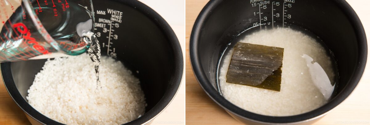 Left: Water being poured from a measuring cup into a rice cooker with uncooked rice. Right: Uncooked rice and water in a rice cooker with a piece of kombu&mdash;perfect for making fluffy sushi rice for inari sushi.