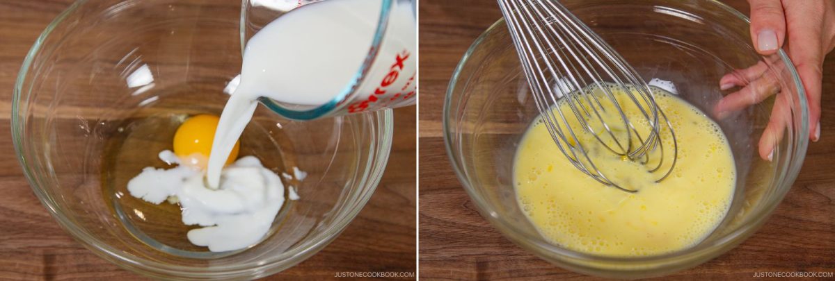 Left: Milk is being poured into a glass bowl with a cracked egg. Right: A hand uses a whisk to mix the egg and milk in the bowl, creating a pale yellow mixture. Both bowls are on a wooden surface.