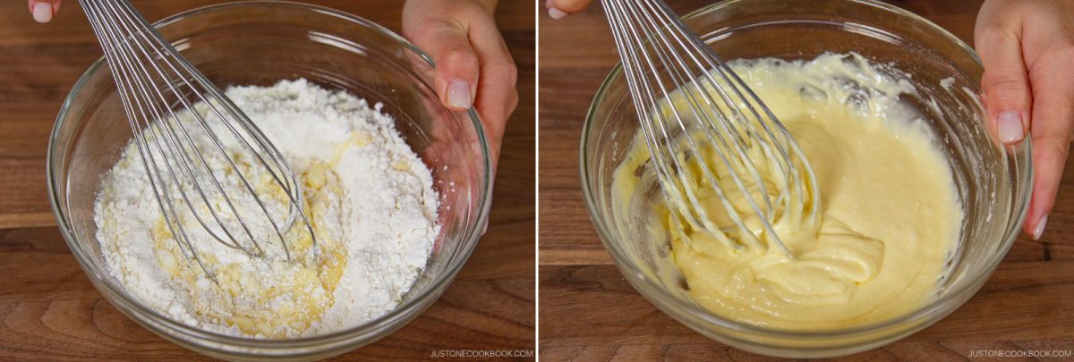 Two images side by side: on the left, a hand mixes flour into a yellow batter with a whisk in a glass bowl; on the right, the hand continues whisking the now-smooth, creamy batter.