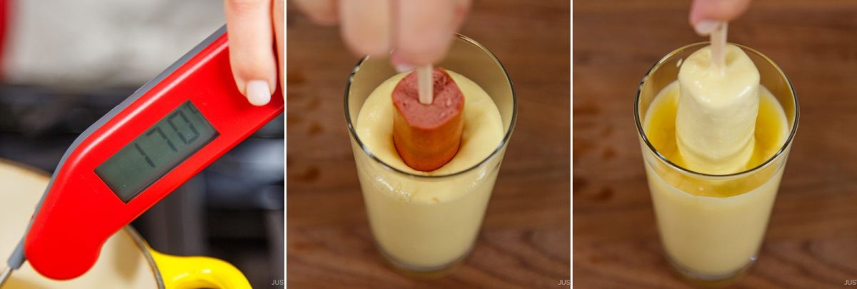A collage of three photos: a red thermometer reading 171°F, a hand dipping a hot dog on a stick into thick batter, and the battered hot dog being lifted from a glass of yellow batter.