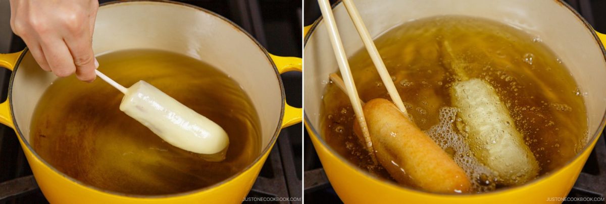 Two-panel image: On the left, a hand dips a batter-coated hot dog on a stick into hot oil in a yellow pot. On the right, two corn dogs are frying in the oil, one golden brown and one still light.