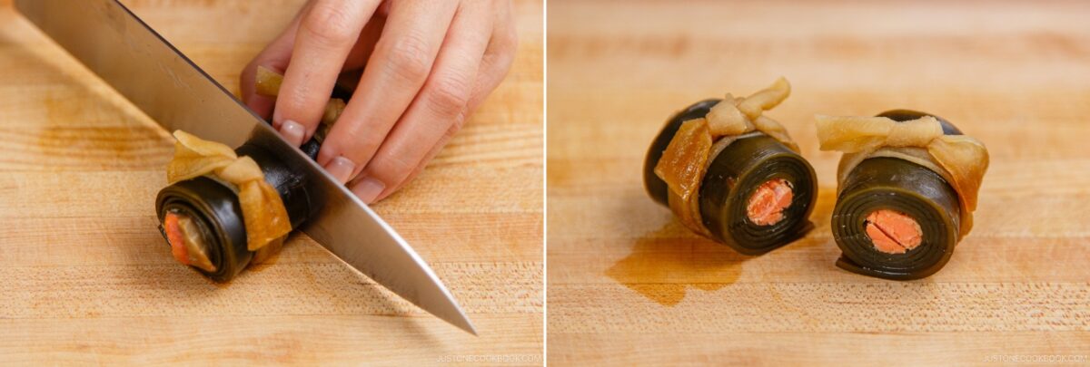 A hand slices a Kobumaki (Salmon Kombu Roll) on a wooden board; the second image shows two pieces of the roll with fish, wrapped in kelp seaweed and wrapped with simmered dried gourd strips.