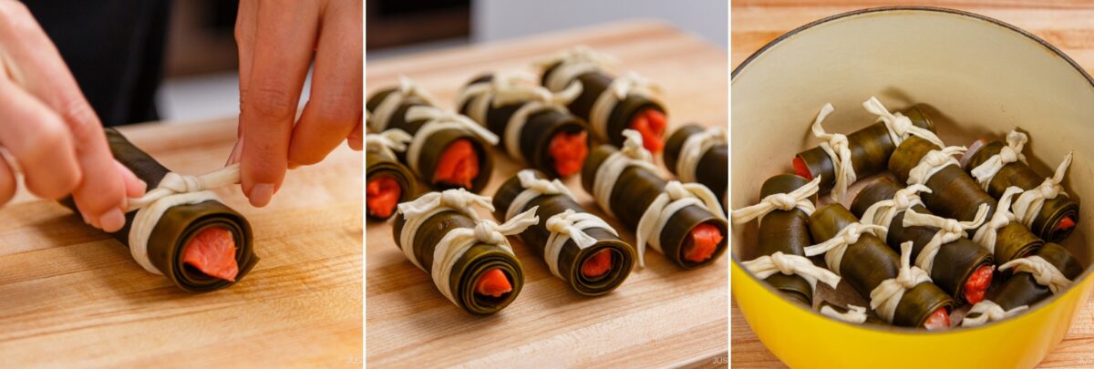 Three photos show hands wrapping kelp for Kobumaki (Salmon Kombu Roll) around salmon filling, tying them with gourd strips, then neat rolls on a board, and finally the rolls arranged in a yellow pot, ready for cooking.