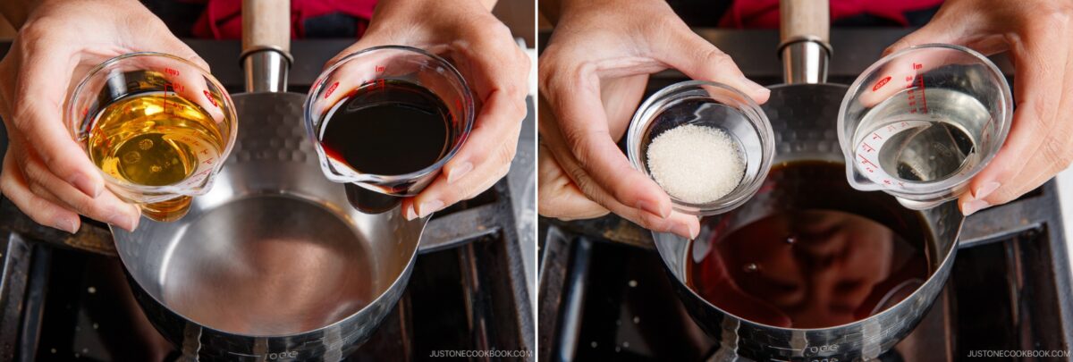Two side-by-side images: hands holding measuring cups above a saucepan&mdash;first with light and dark liquids, then adding sugar and clear liquid&mdash;likely showing the steps to make a sauce on a stovetop for ramen eggs.