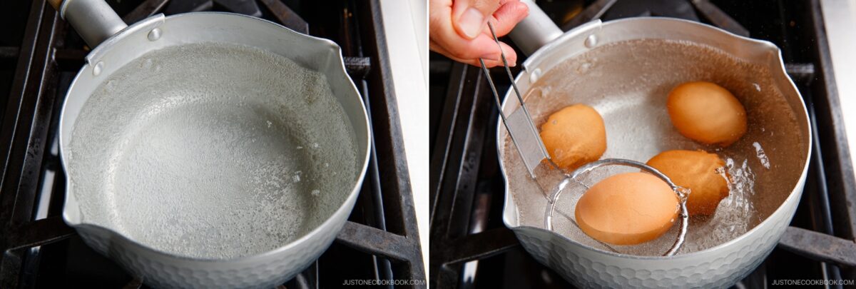 Side-by-side images: On the left, water in a small pot is boiling on a stove. On the right, a hand lowers brown eggs&mdash;perfect for making ramen eggs&mdash;into the boiling water using a slotted spoon.
