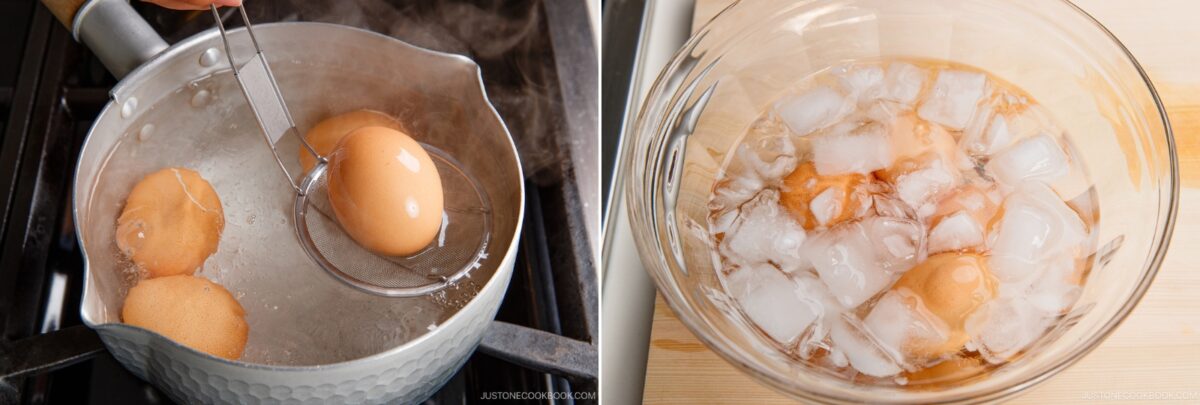 On the left, brown eggs are being boiled in a pot of water. On the right, the eggs&mdash;perfect for ramen eggs&mdash;are placed in a glass bowl filled with ice water, cooling after boiling.