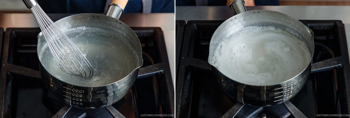 Two images of a silver pot on a stove: the left shows a hand whisking clear liquid, while the right shows the pot with the liquid still and slightly bubbly, with no whisk present.