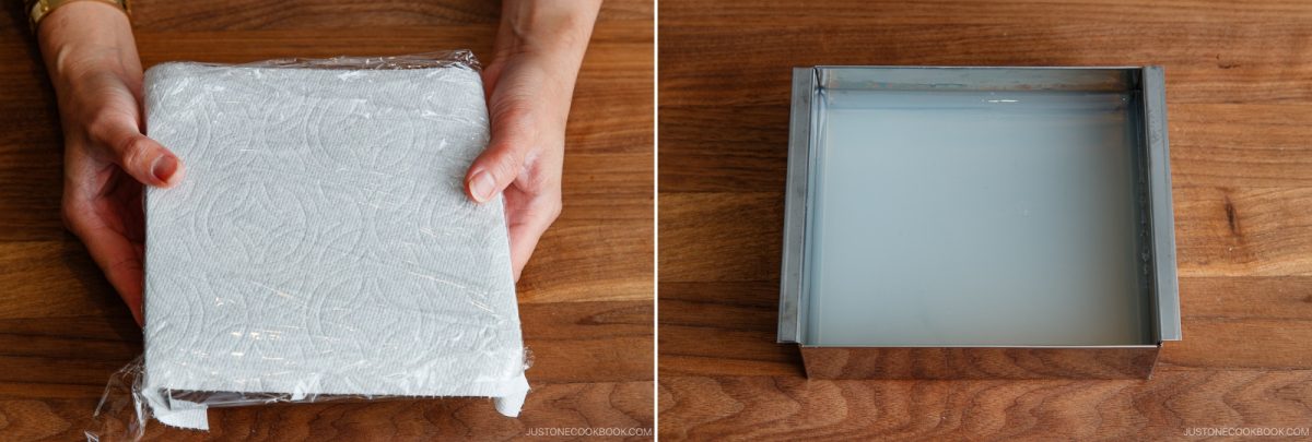 Two photos: Left, hands hold a square tray covered with plastic wrap and a white textured cloth. Right, a square metal pan filled with a milky liquid sits on a wooden surface.