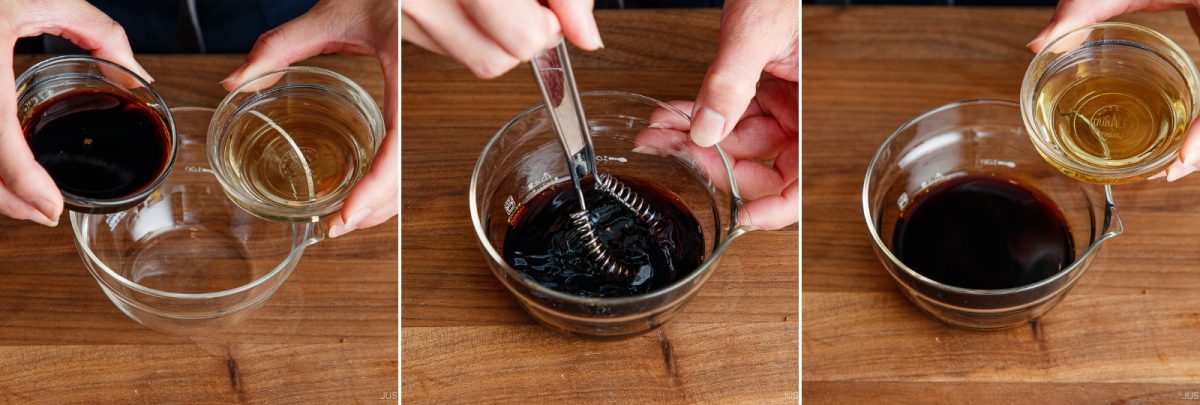 Three images show sauce being made: liquids poured into a glass bowl, whisked together, then another liquid added. All steps are on a wooden surface, with hands holding bowls and a whisk.