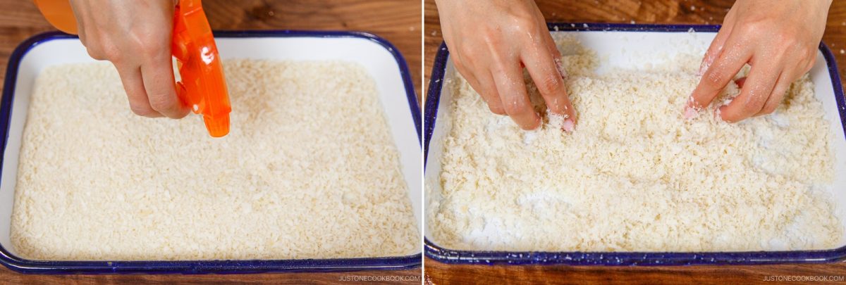 Two images: left shows a hand spraying water on panko breadcrumbs in a tray—an essential step when preparing Ham Katsu (Midnight Diner) style; right shows hands mixing the breadcrumbs with fingers, ensuring the moisture is spread evenly for that perfect, crispy coating.