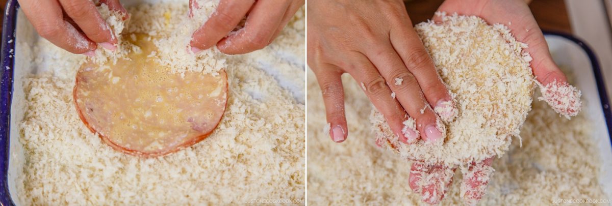 Hands coating a round slice of food, possibly ham or eggplant, with breadcrumbs in a tray—just like preparing Ham Katsu from Midnight Diner. The process is shown in two steps: pressing the slice into crumbs and covering it completely.