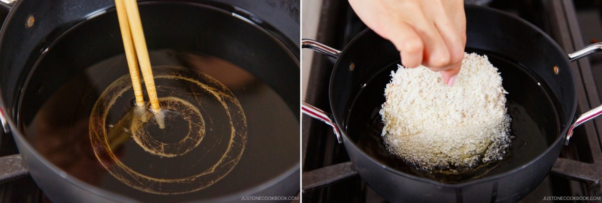 Left: A pair of chopsticks testing oil temperature in a black pot. Right: A hand places a breaded food item—reminiscent of Ham Katsu from Midnight Diner—into hot oil in the same pot for frying.