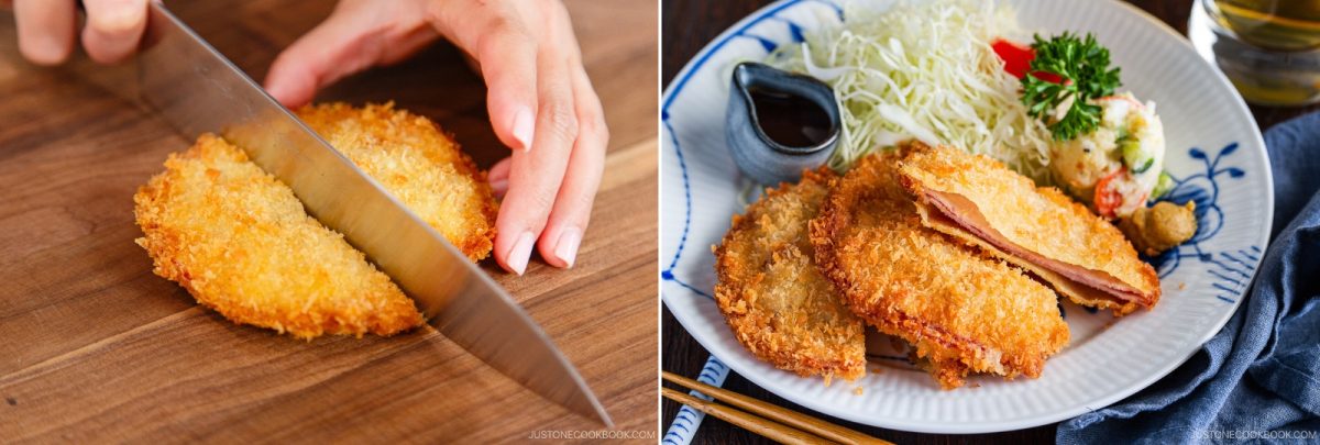Close-up of a hand slicing breaded, fried meat—reminiscent of Ham Katsu from Midnight Diner—on a cutting board (left) and a plate with sliced fried meat, shredded cabbage, sauce, and garnish (right).