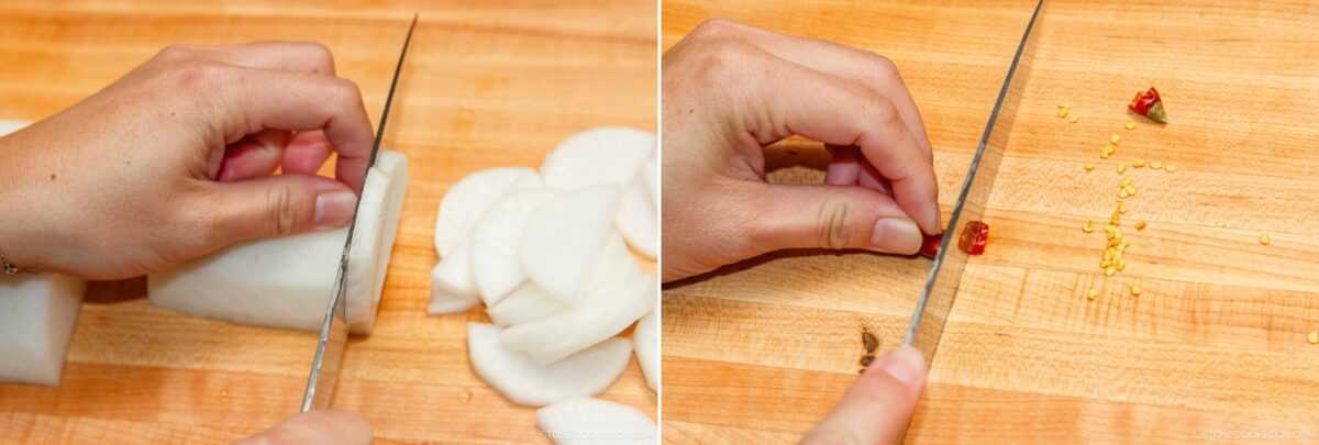 Two images side by side: the left shows a hand slicing daikon for pickled daikon on a wooden cutting board; the right shows a hand cutting a small dried red chili pepper, with seeds scattered on the board.