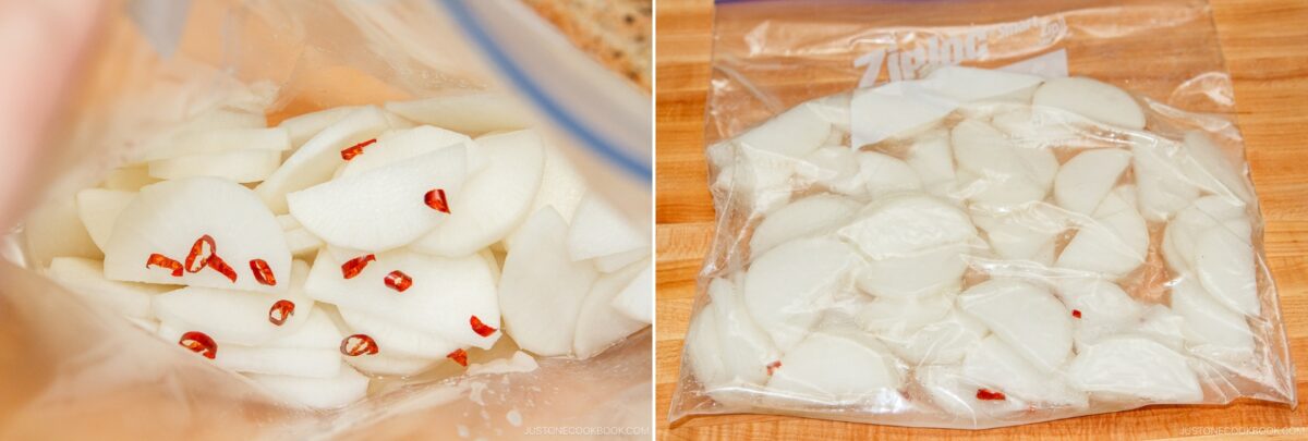 Left: Sliced pickled daikon and chopped red chili peppers in a plastic bag. Right: Sliced white radishes sealed in a plastic zipper bag on a wooden surface.