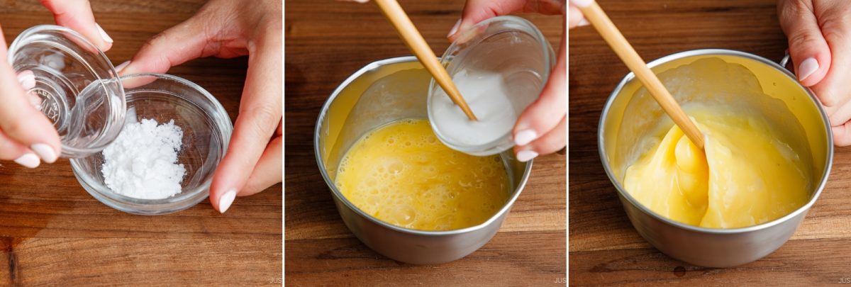 Three steps of making custard: mixing powder and liquid, pouring mixture into beaten eggs, and stirring a thick yellow custard in a saucepan with a wooden spoon—similar to the careful preparation seen in dishes like tonpeiyaki.